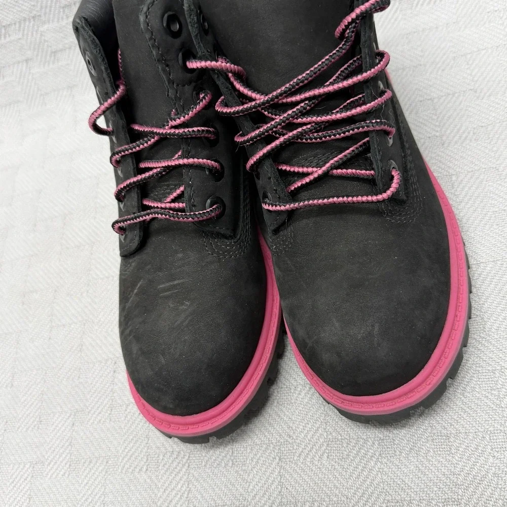 Timberland Combat Boots Girls Size 12 Black Pink Waterproof Nubuck‎ Hearts A15M9